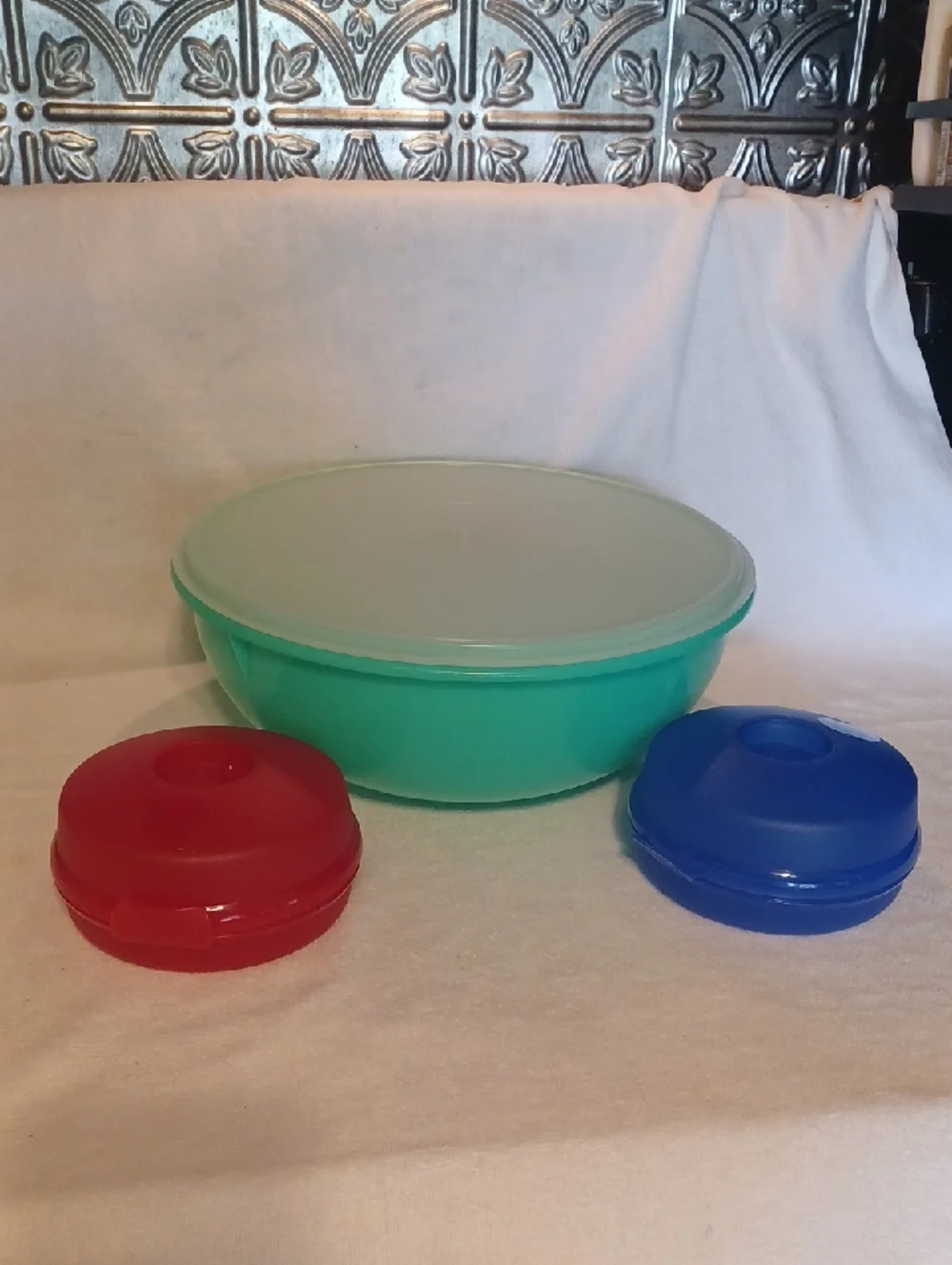 Tupperware Green Bowl with Red and Blue Snack Containers
